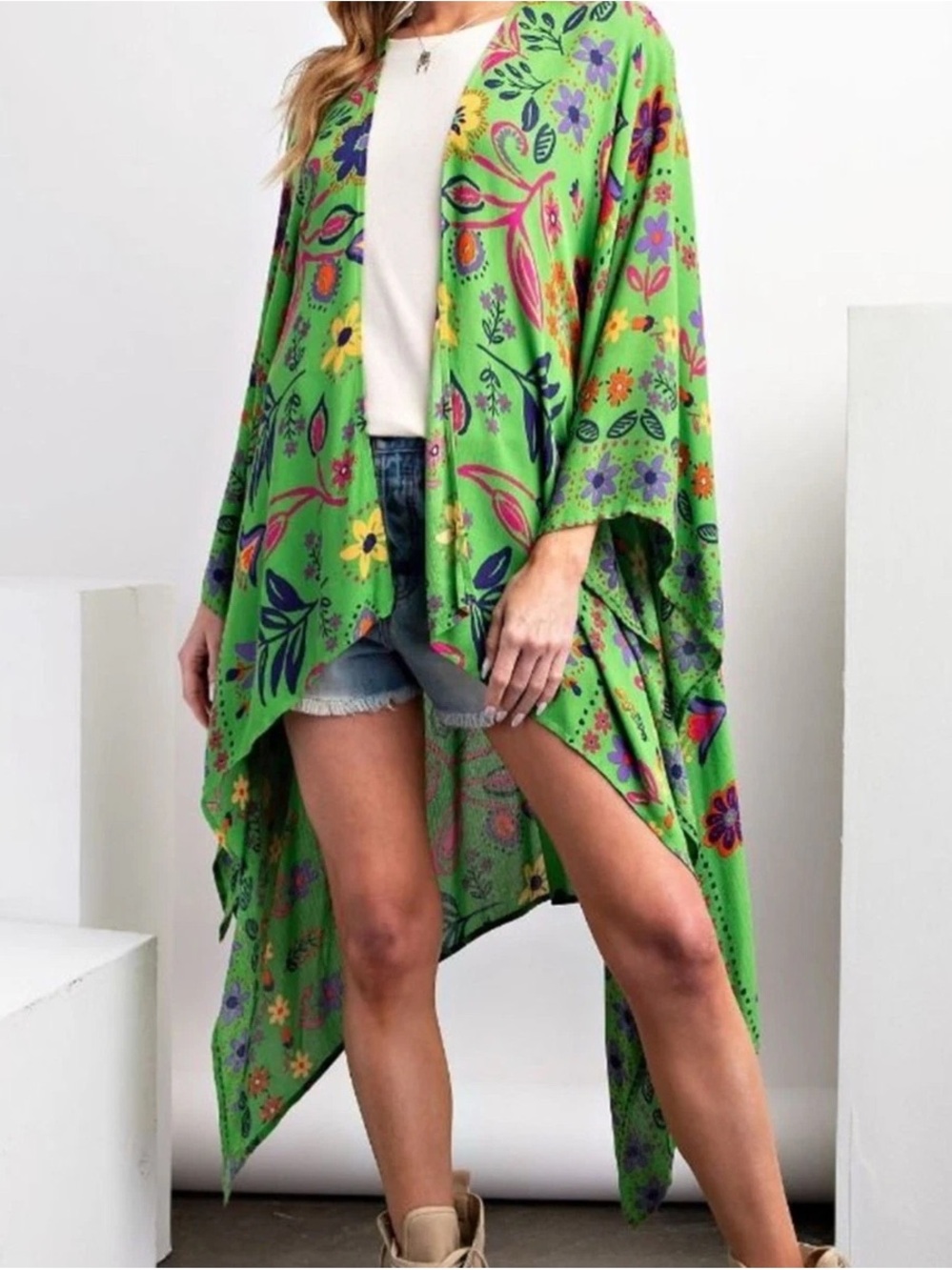 Easel Los Angeles - Green Floral Boho Open Front Kimono Duster - Size Small New